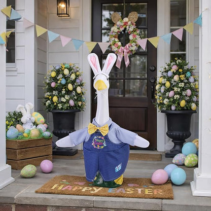 Watayo 2 Pcs/Set Easter Porch Goose Outfits, Happy Easter Bunny Lawn Goose Costume, Cute Garden Goose Clothes Suspender Skirt and Bunny Ears Headband for 23" High Statue Spring Patio Yard Decor