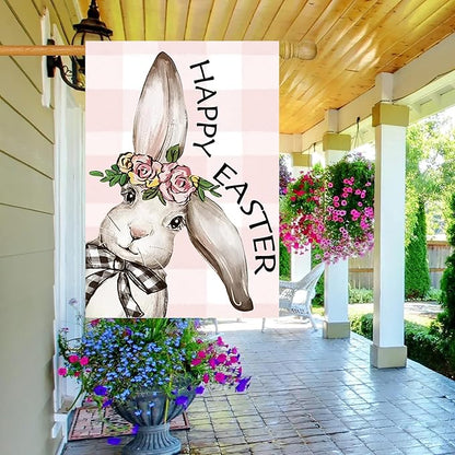 Happy Easter Bunny House Flag 28x40 Inch Double Sided, Easter Rabbit Large Garden Flags for Outside Decor, Spring Summer Holiday Yard Flag Outdoor Seasonal Decorations for Home