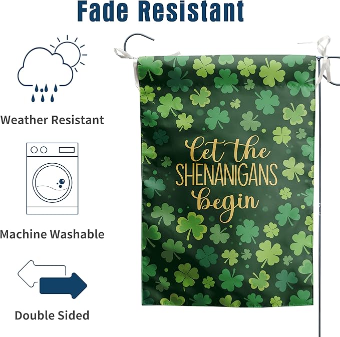 St Patricks Day Garden Flag 12x18 Double Sided for Outside Shamrock Clover Let the Shenanigans Begin Yard Signs Saint Patrick Spring Outdoor Decorative