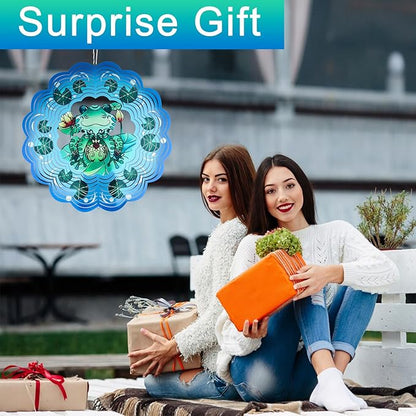 Wind Spinner Mandala 12 inch 3D Stainless Steel Laser Cut Metal Art Geometric Pattern Hanging Wind Spinner (Green Frog)