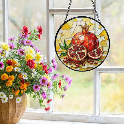 Pomegranate Decor, Summer Pomegranate Suncatchers Stained Glass Window Hanging, Summer Fruit Sun Catchers Indoor Window Glass Round Wall Decor, Fruit Kitchen Decor 7.9x7.9in