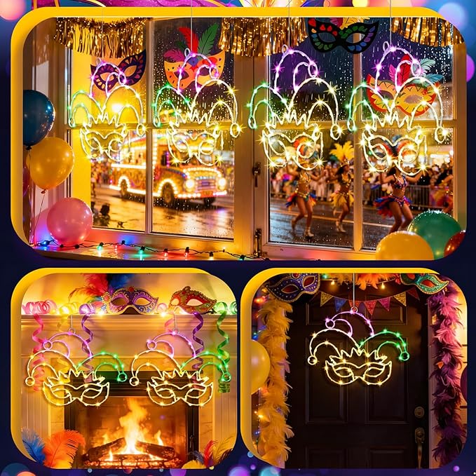 Baquler Mardi Gras Window Lights 13.5 Inch Mardi Gras Window Decorations Jester Mask Hanging Light up USB Powered with Timer and 8 Lighting Modes for Home Wall Indoor Outdoor Decor
