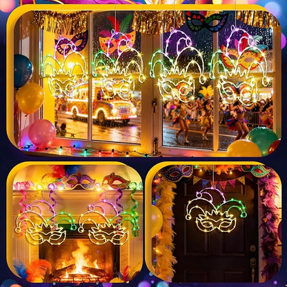 Baquler Mardi Gras Window Lights 13.5 Inch Mardi Gras Window Decorations Jester Mask Hanging Light up USB Powered with Timer and 8 Lighting Modes for Home Wall Indoor Outdoor Decor