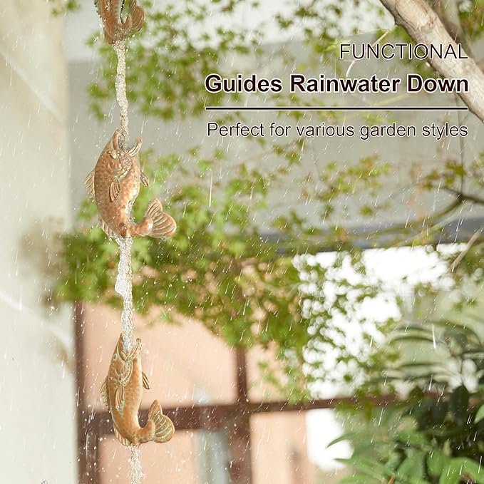 Glitzhome 8.5 FT Fish Shaped Rain Chains, Faux Copper Patina Finish Rain Chains for Gutters with 9 Fish, Adjustable Rain Catcher Chain with V-Shaped Gutter