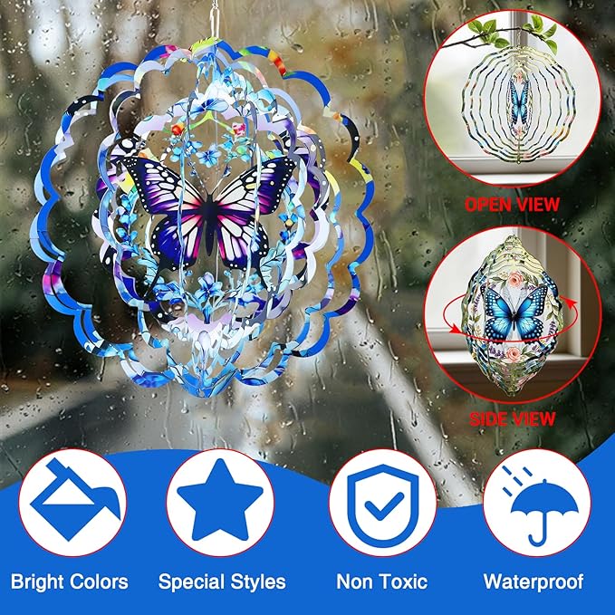 Wind Spinners Butterfly Outdoor - 12 Inch 3D Butterfly Metal Hanging Wind Spinners for Garden Outside Patio Yard Decor, Ornament Gift for Women Mom Grandma Wife