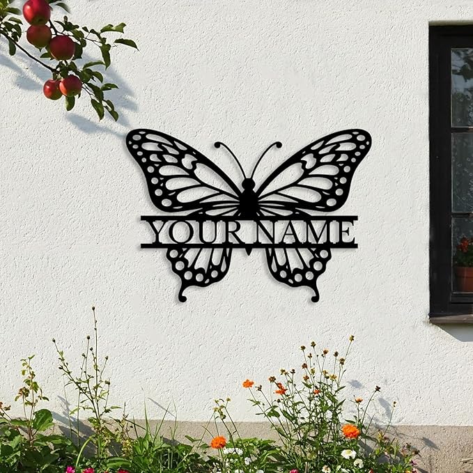 Custom Butterfly Metal Sign,Personalized Butterfly House Number Signs,Personalized Gardener Name Sign,Garden Patio Wall Decor (Style-1)