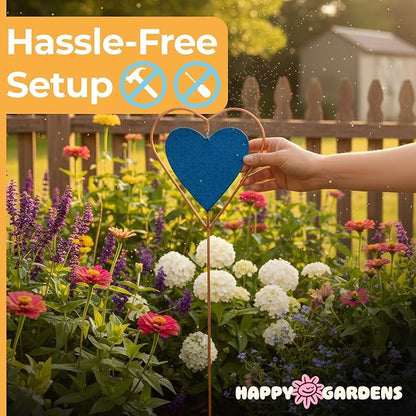 Happy Gardens Metal Garden Stake with Blue Heart Spinner (27” Tall - Glossy, Textured Finish) Decorative Large Outdoor Yard Art, and Outside Decor