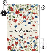 Baccessor Patriotic 4th of July Garden Flag 12.5 x 18 Inch Double Sided Burlap,Memorial Day Welcome American Red and Blue Flower Flag Summer Yard Lawn Holiday Seasonal Outdoor Outside Decoration
