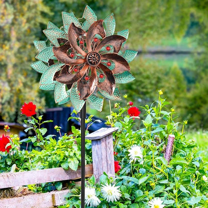 360°Metal Wind Spinners Outdoor for Garden Yard, 64" Kinetic Large Wind Spinner & Sculptures with Stable Metal Stake, Garden Windmill for Yard Lawn Patio Art Decor (Green-Brown)