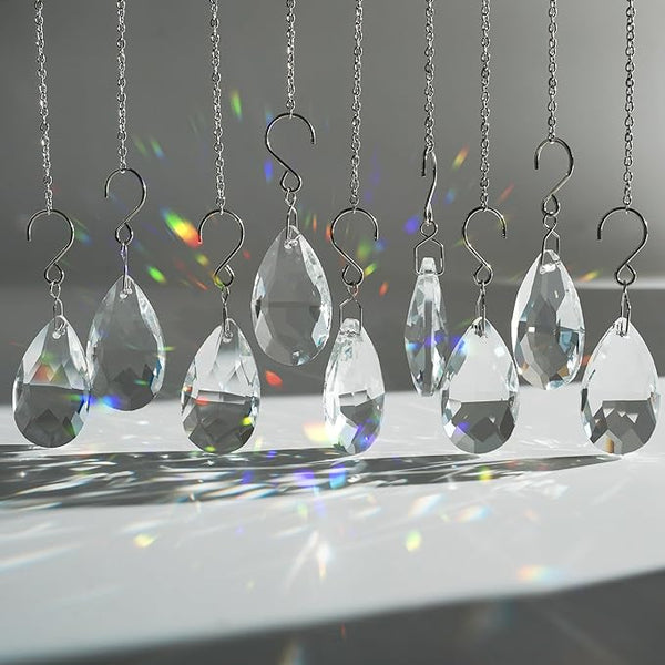 10pcs Crystal Sun Catcher, 38mm Hanging Clear Teardrops Chandelier Crystals Parts Prisms Pendants with Hook for Windows Lamps Christmas Ornaments Crystal Tree Decorations Home Decor (Clear)