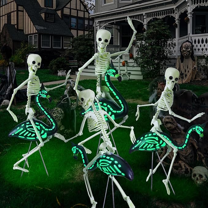 Simgoing 8 Pcs Halloween Skeleton Flamingo Decoration Outdoor Yard Ornament 15.7" Plastic Skeleton Decor with Posable Legs Flamingo Statue Decor for Yard Garden Lawn(Fluorescent,S,Stylish)
