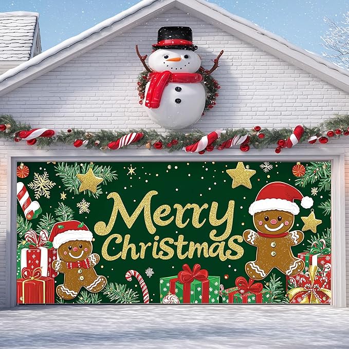 IVN Merry Christmas Garage Door Banner 13x6ft Festive Backdrop Gingerbread Cookie Gifts Green Photo Prop Background for Joyful Holiday Yard Door Cover Background Outdoor Winter Scene