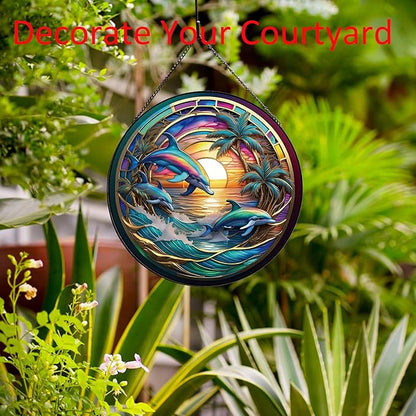 Dolphin Ocean Sunset Suncatcher Stained Glass,Hanging Stained Glass for Windows,20cm/7.87inch Sun Catcher Garden Hangings Ornaments Halloween Fall Christmas Decor for Home