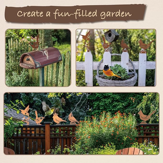5PCS Rusty Metal Bird Silhouette Statues - Rustic Outdoor Decor for Garden, Fence and Yard Art, Lifelike Metal Birds Yard Decorations Fence Ornaments Yard Art Bird Lovers Gift Ideas