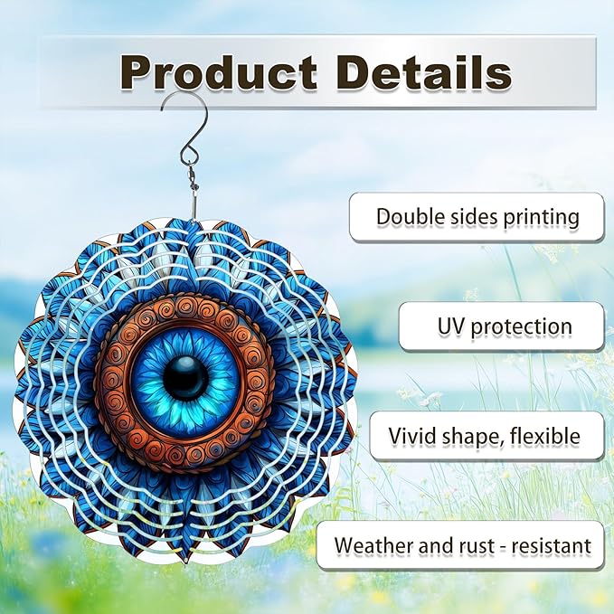 Mandala Eye Wind Spinners Outdoor, Hanging Wind Spinner for Garden Decoration, 8 inch 3D Stainless Steel Metal Wind Sculpture for Indoor/Outdoor Decor
