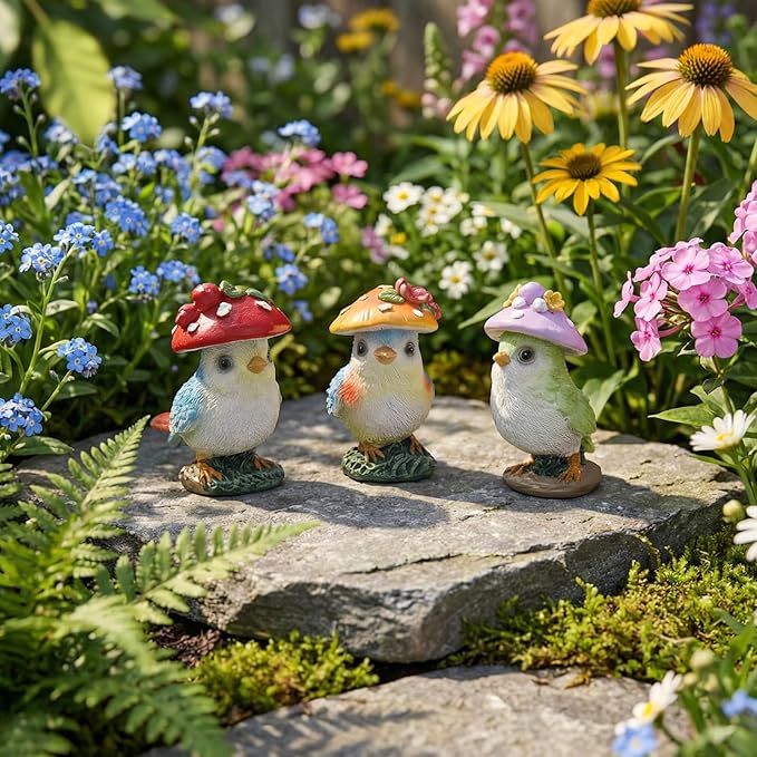 Set of 3 Mushroom Bird Figurines, Cute Resin Small Garden Statues, Outdoor Fairy Garden Accessories Patio Yard Lawn Decor, Indoor Flower Plant Pots Table Shelf Decorations for Home