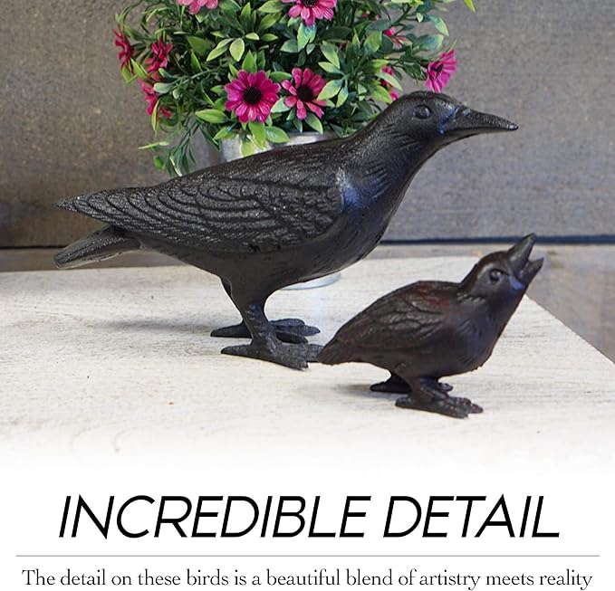 NACH Cast Iron Baby Crow Statue, Raven Garden Statues, Crow Garden Sculpture, Bird Figurines Home Decor, Crow Decor, Raven Decor, Black Bird Statue, 5.4 x 2.2 x 3.2 inches, Set of 2, JS-90-7116