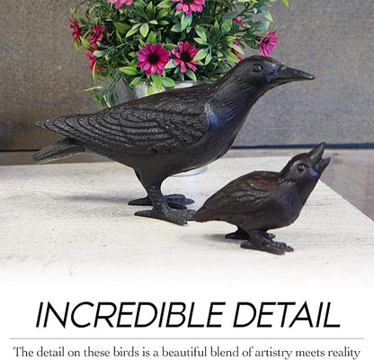 NACH Cast Iron Baby Crow Statue, Raven Garden Statues, Crow Garden Sculpture, Bird Figurines Home Decor, Crow Decor, Raven Decor, Black Bird Statue, 5.4 x 2.2 x 3.2 inches, Set of 2, JS-90-7116