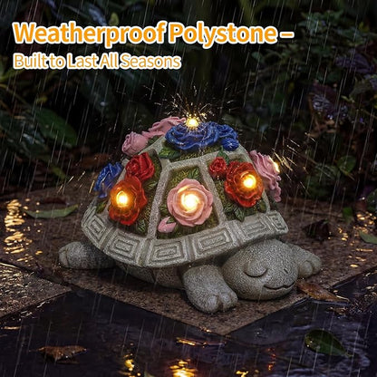 Solar Garden Decor Outdoor Turtle Statue with Multi-Color Rose Flowers & 7 LED Lights – Outside Tortoise Decoration for Lawn Yard Patio Backyard - Home House Art- Gift for Women Mom Grandma