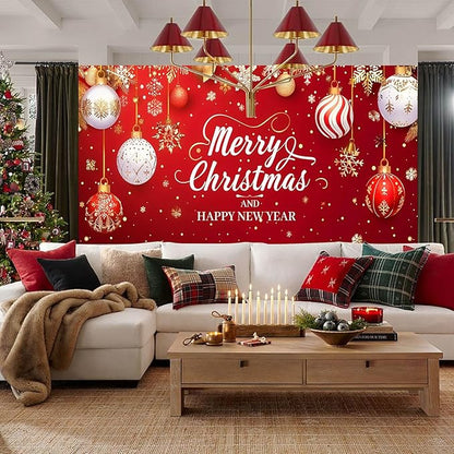 HOMETITUTE 13x6ft Christmas Garage Door Cover Merry Christmas and Happy New Year Backdrop Holiday Party Decorations Indoor Outdoor Wall Background Decor Festive Red Gold Ornament Scene Display