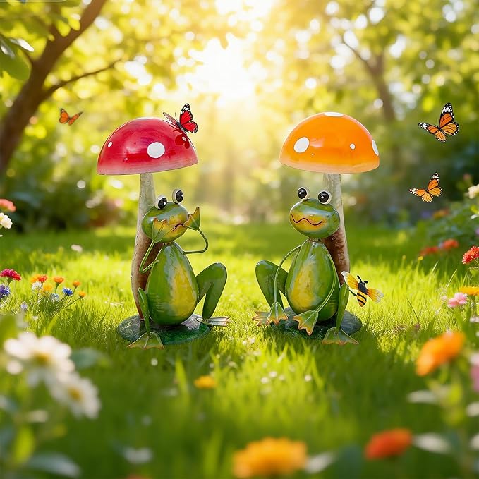 15.3" Large Frog Decor Set of 2, Handcrafted 3D Lifelike Metal Frog with Mushroom Sculpture, Outdoor Yard Art for Garden, Lawn & Home, Ideal Gift for Mom, Women on Mother’s Day & Housewarming