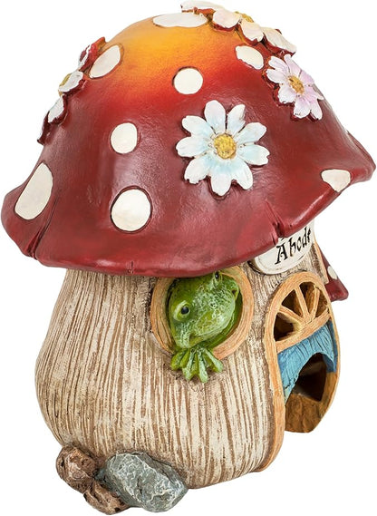 Giftware by Roman Inc., 8" H Toad Abode with Daisy Statue, Garden Collection, Outdoor Statue, Memorial, Resin Stone, Adorable Mushroom and Flowers, Garden Décor (7x5x7)
