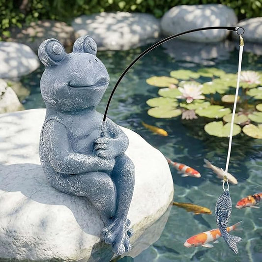 9.5" Frog Fishing Garden Sculptures & Statues, Stone Look Sculpture, Whimsical Lawn Yard Art, Funny Pond Fisherman Statue, Resin Animal Decorative Figurine, for Frog Fishing Lovers