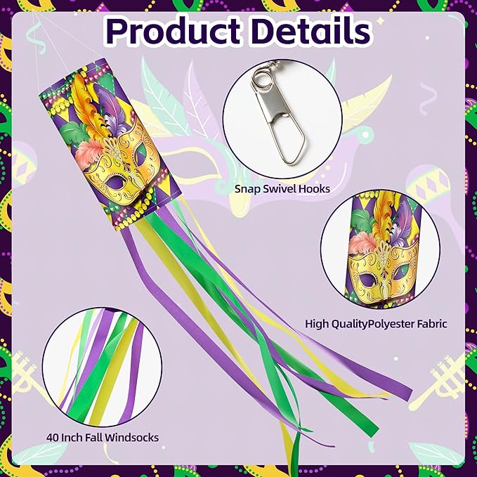 2 Pieces 40 Inches Mardi Gras Windsocks, Purple Green Yellow Flag Windsock Flag Mardi Gras Hanging Outdoor Decorations for Tree Home Garden Yard Patio Porch Lawn Holiday Party