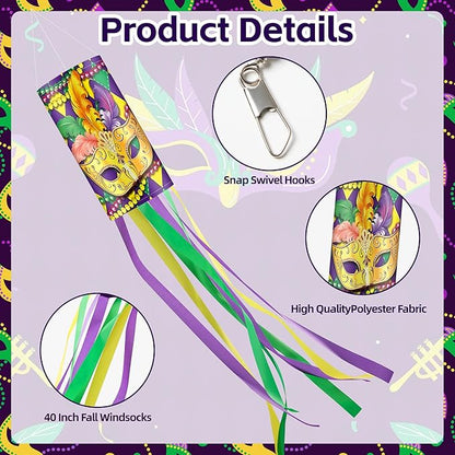 2 Pieces 40 Inches Mardi Gras Windsocks, Purple Green Yellow Flag Windsock Flag Mardi Gras Hanging Outdoor Decorations for Tree Home Garden Yard Patio Porch Lawn Holiday Party