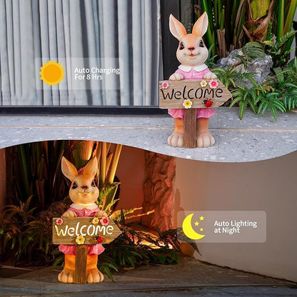 22" Solar Large Rabbit Statue Garden Decor Resin Standing Bunny Statue with Welcome Sign Outdoor Easter Decor for Porch Patio Lawn Yard Gardening Housewarming Gifts, Pink Rabbit