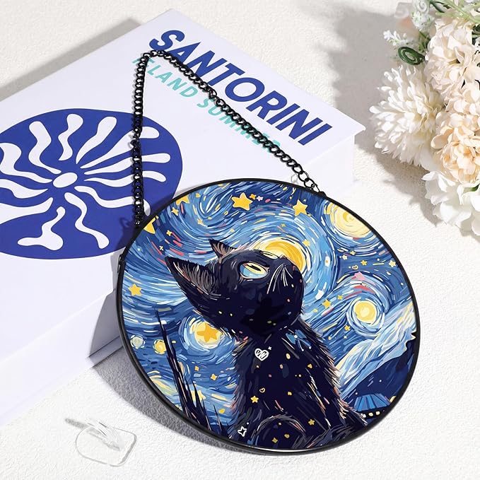 Mifoci 6.3 Inch Stained Glass Window Hanging Black Cat Suncatchers Indoor Window Gifts for Cat Lovers Room Office Decor Aesthetic