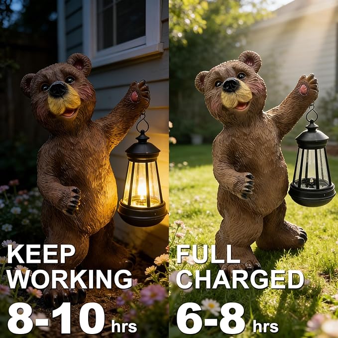 Solar Lantern Garden Statues Decor, 14" Large Outdoor Bear Figurine Lights for Yard Patio Decoration - Unique Christmas Housewarming Gifts for Grandma Wowen Mom Brown