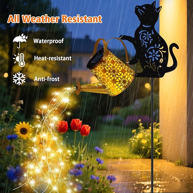 Solar Watering Can Lights, Cat Hanging Lantern Solar Lights Outdoor, Cat Lover Gifts for Mom Women Birthday Mother's Day Christmas, Waterproof Garden Decor Outside Patio Yard Pathway Backyard