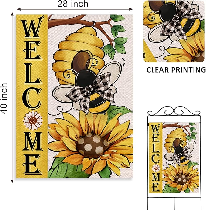 Welcome Spring Summer Bumble Bee Sunflower Decorative House Flag, Honeycomb Flower Garden Yard Outside Decorations, Buffalo Plaid Bow Farmhouse Outdoor Large Home Decor Double Sided 28 x 40