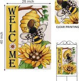 Welcome Spring Summer Bumble Bee Sunflower Decorative House Flag, Honeycomb Flower Garden Yard Outside Decorations, Buffalo Plaid Bow Farmhouse Outdoor Large Home Decor Double Sided 28 x 40