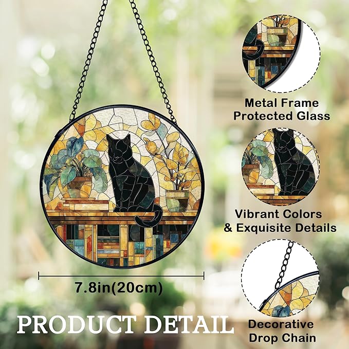 Black Cat Gifts, Cat Suncatchers Stained Glass Window Hanging, Cats Gifts for Women, Book Sun Catchers Indoor Window Glass Round Wall Decor, 7.9x7.9in