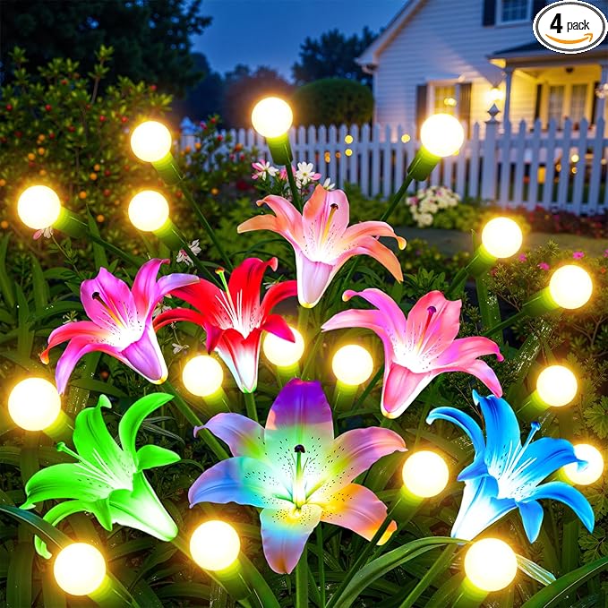 WdtPro Upgraded Solar Garden Lights Outdoor: 4 Pack Solar Firefly Swaying Light with Colorful LED Lily Flower, Waterproof Garden Decor for Yard Patio Pathway Lawn, Gifts for Women (2 Rosy+2 Purple)