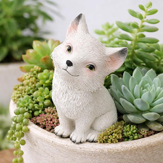 White Fox Figurine - Super Cute Little Sitting Baby Fox Cub Statue, Adorable Resin Sculpture, Decorative Polyresin Animal Ornament, Tabletop Décor for Outdoor Garden Patio Lawn Yard Pool Potted Plant