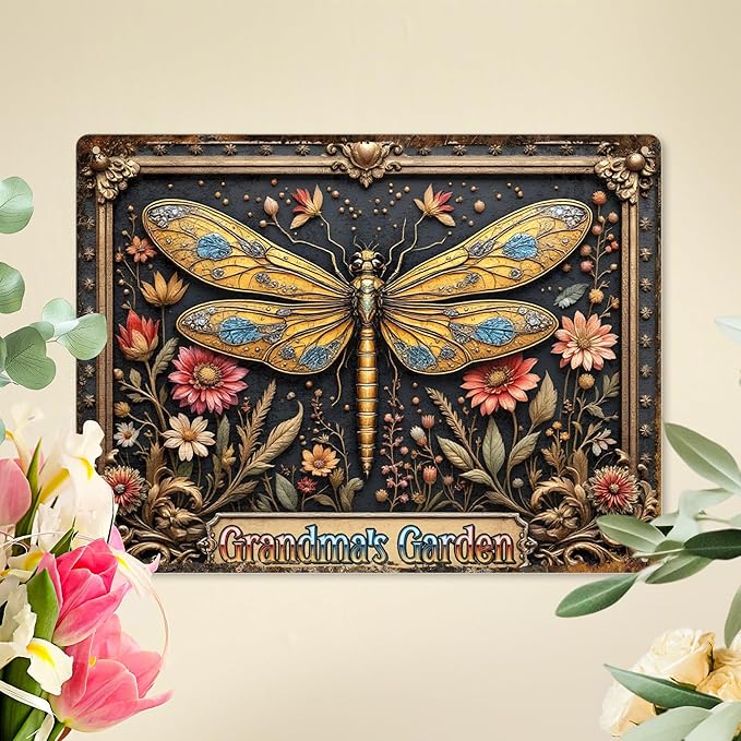 Custom Garden Signs Personalized Metal Tin Sign for Women, Dragonfly Metal Sign for Outdoor, Patio, Yard Rustic Home Decor Gift for Mothers Day, Grandmas, and Gardening Lovers