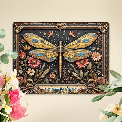Custom Garden Signs Personalized Metal Tin Sign for Women, Dragonfly Metal Sign for Outdoor, Patio, Yard Rustic Home Decor Gift for Mothers Day, Grandmas, and Gardening Lovers