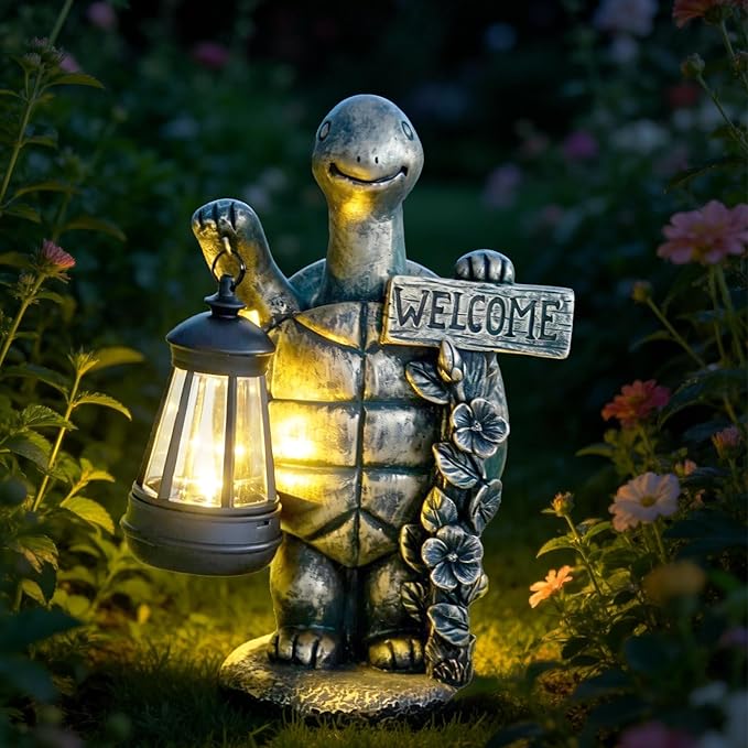 Solar Garden Statues, Resin Turtle Statue w/ Welcome Sign, Waterproof Figurine Solar Latern for Outside Yard Outdoor Home Patio Lawn Decor, Solar Animal Lights for Adults Women Birthday Easter Gifts