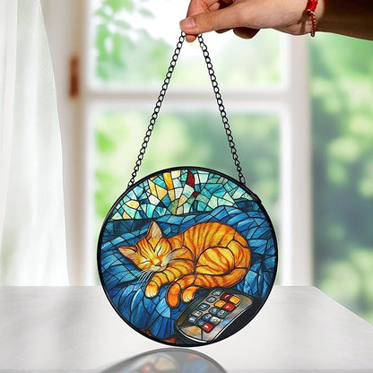 Orange Cat Stained Glass Window Hanging, Sleeping Cat Sun Catchers Indoor Window Round Glass Wall Art Decor, Kitten Suncatcher Wall Hanging Decorations, Lawn Care