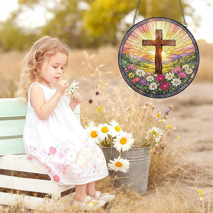 Stained Glass Window Hanging Suncatcher, 8" Round Religious Cross Sun Catcher, Decorative Glass Art for Home Garden, Faith Gift for Women Mom Grandma
