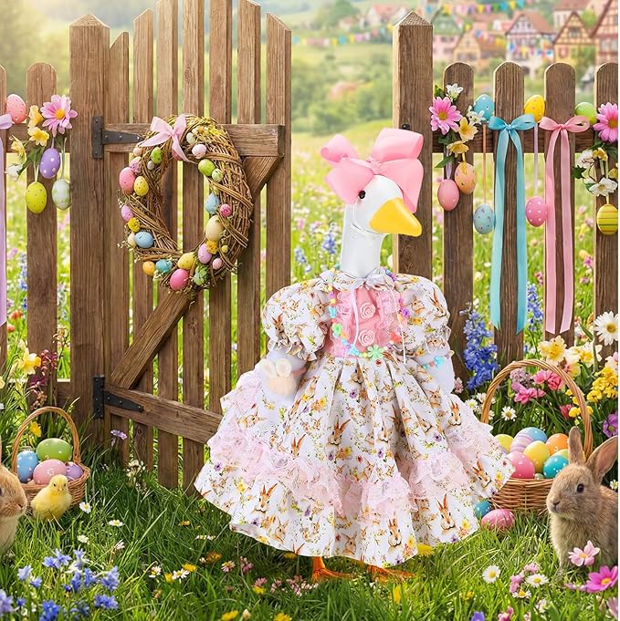 Abbylike 1 Set Easter Bunny Porch Goose Outfit Rabbit Yard Goose Costume Clothes with Bow Headband Fits Large 23'' H Cement for Easter Day Outdoor Patio Garden Lawn Pathway Spring Statue Decor