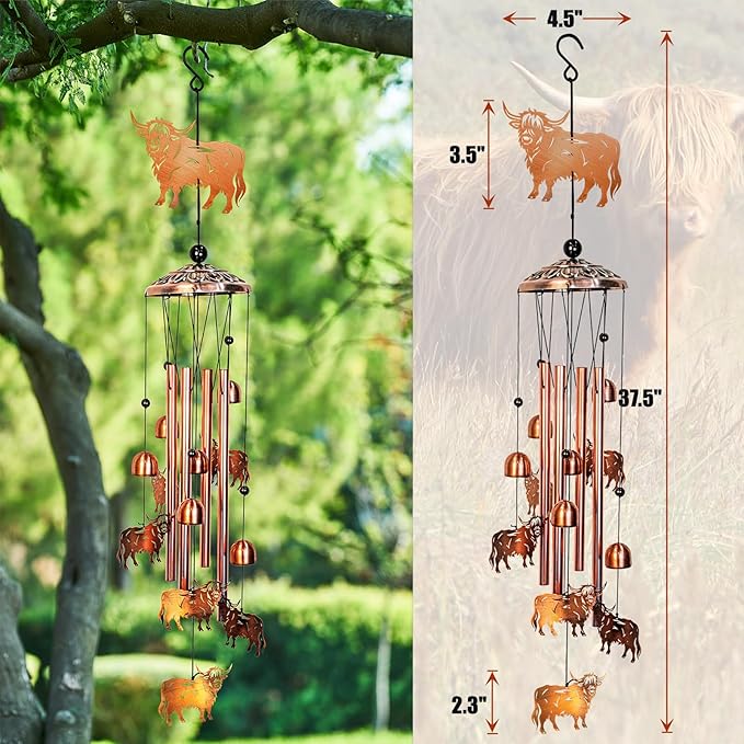 Highland Cow Wind Chimes for Outside Windchimes Outdoor/Indoor, Home, Lawn, Porch, Yard Decorations,Metal Garden Decor Highland Cow Wind Chimes Gifts for Women/Men Birthday Gifts Memorial Gift