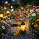Garden Squirrel Welcome Sign with Solar Lantern, Decorative Outdoor Statue for Porch, Patio or Garden with Butterfly and Sunflowers