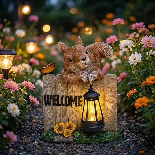 Garden Squirrel Welcome Sign with Solar Lantern, Decorative Outdoor Statue for Porch, Patio or Garden with Butterfly and Sunflowers