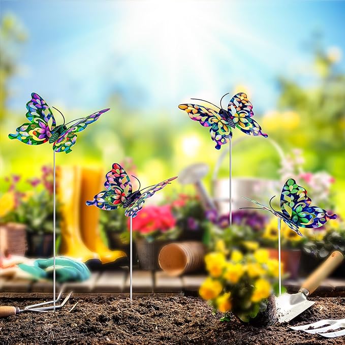 4Pcs Butterfly Garden Stakes Decor, Colorful Butterflies Decorations, Metal Yard Art for Outdoor Lawn Porch Pathway Yard Patio Plant Pot Ornaments (Butterfly- D)