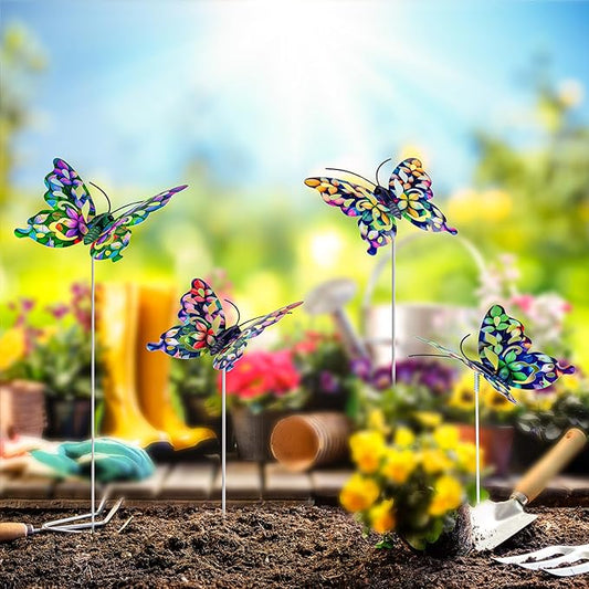 4Pcs Butterfly Garden Stakes Decor, Colorful Butterflies Decorations, Metal Yard Art for Outdoor Lawn Porch Pathway Yard Patio Plant Pot Ornaments (Butterfly- D)