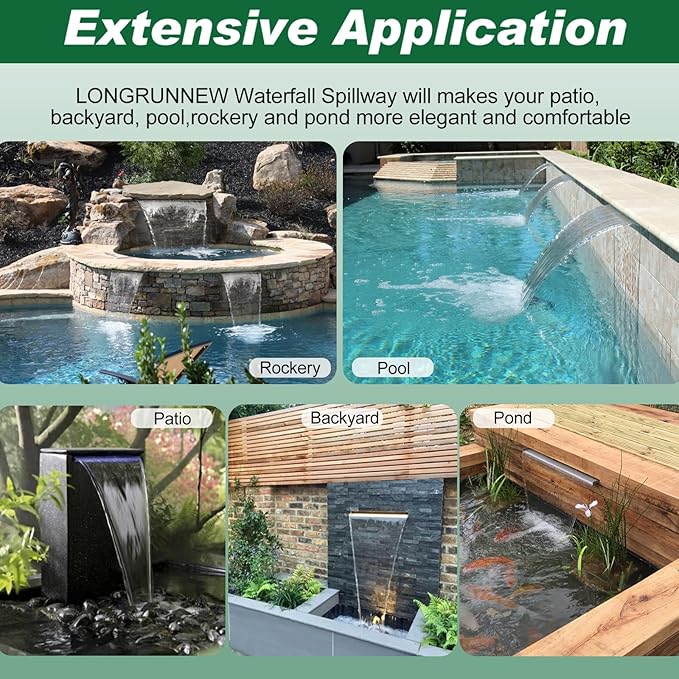 LONGRUN 90cm Pond Waterfall Blade,Stainless Steel Pool Fountain with RGB Bluetooth LED Light, Complete Waterfall & Stream Kits for Outdoor Water Features